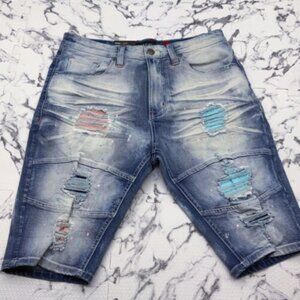Men's Makobi Mid Blue Wash Ripped Denim Shorts NWT